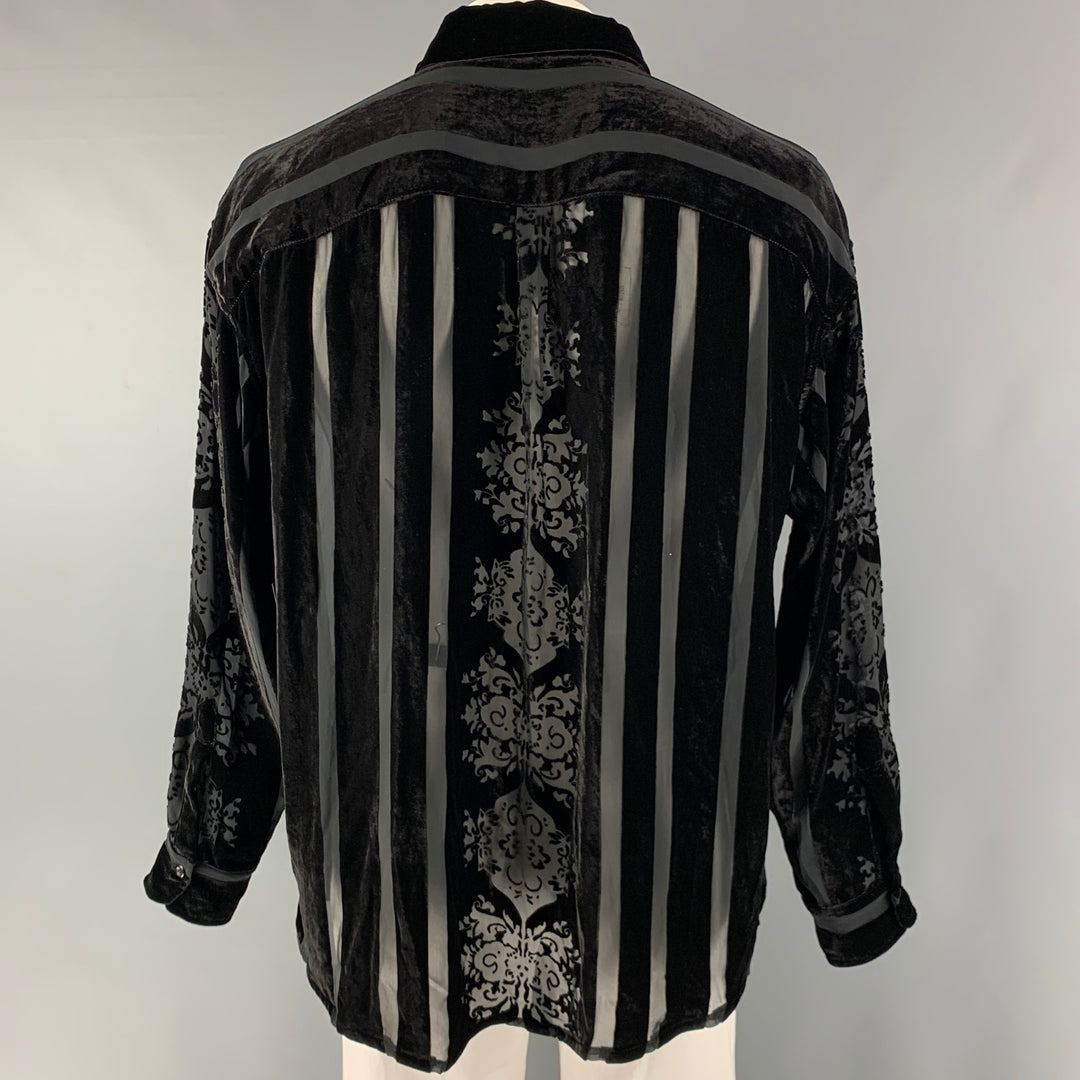 NAHMIAS Talla XL Camisa de manga larga con botones de seda a rayas negras