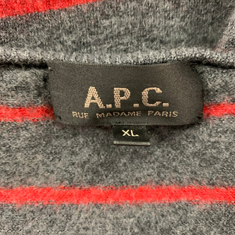 A.P.C. Size XL Grey & Red Stripe Wool Crew-Neck Pullover