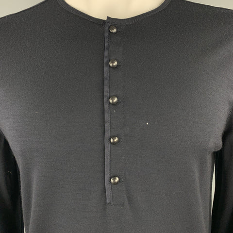 JOHN VARVATOS Size L Navy Hetahrered Wool Jersey Buttoned Henley