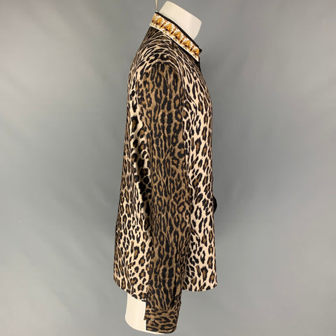 VERSACE Size M Black Brown Animal Print Silk Button Up Long Sleeve Shirt