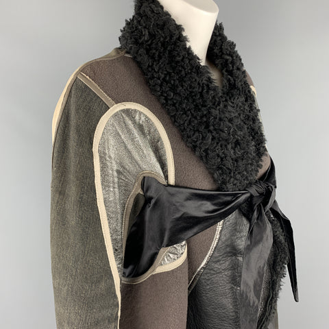 RICK OWENS Size 10 Gray Metallic Leather Patchwork Shearling Collar Tied Jacket
