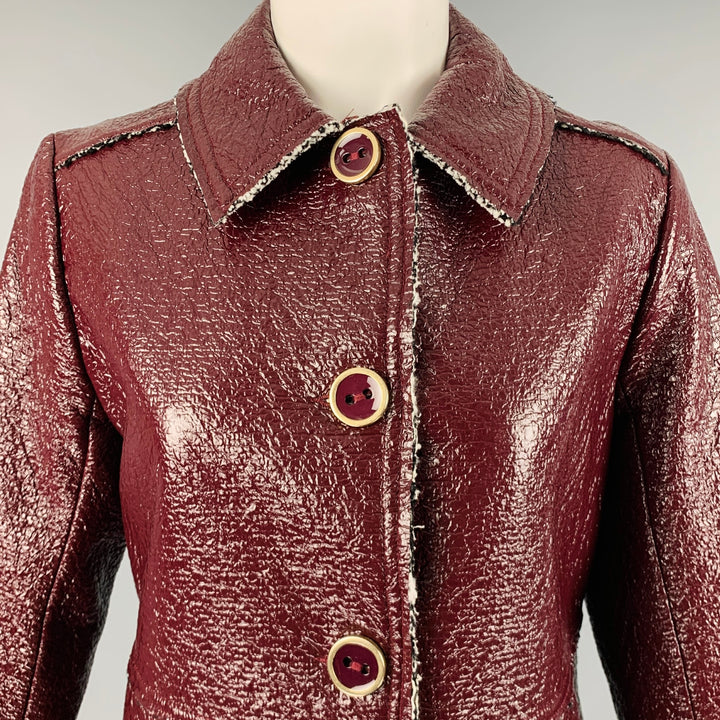 TRINA TURK Size 2 Burgundy Black White Cotton Blend Spread Collar Coat