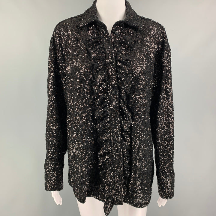 MSGM Size S Black Polyester Sequined Ruffle Shirt