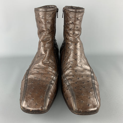 PRADA Size 10.5 Brown Ostrich Leather Square Toe Ankle Boots