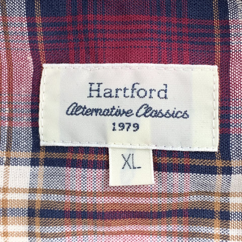 HARTFORD Size XL Burgundy & Brown Plaid Cotton Button Up Long Sleeve Shirt