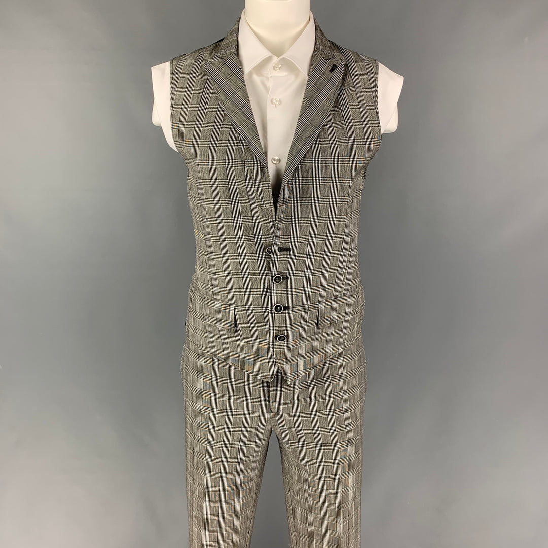 JOHN VARVATOS Size 36 Black White Glenplaid Wool Peak Lapel Vest Suit