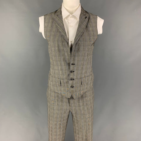 JOHN VARVATOS Talla 36 Traje chaleco de solapa de pico de lana Glenplaid blanco negro