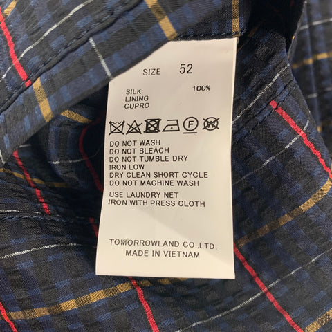 TOMORROWLAND Size 42 Navy Red Plaid Silk Notch Lapel Sport Coat