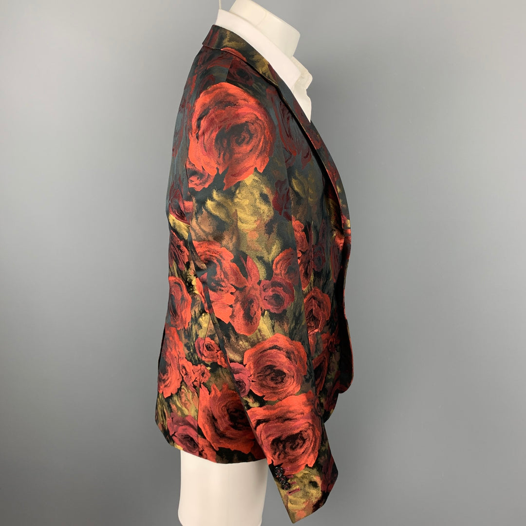 LORDS & FOOLS Size 44 Red & Gold Floral Polyester Notch Lapel Sport Coat