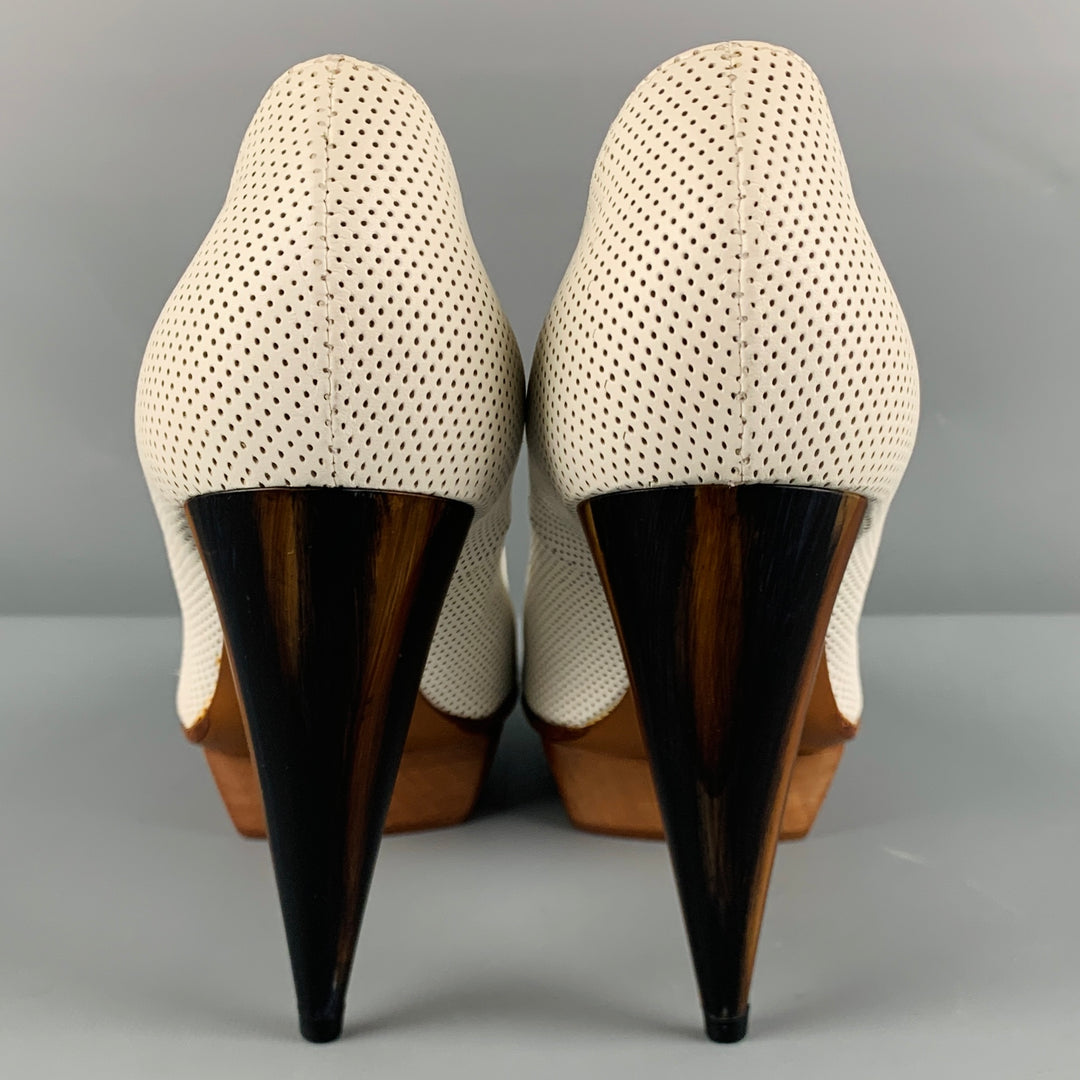 LANVIN Size 11 White Brown Leather Perforated Platform Pumps