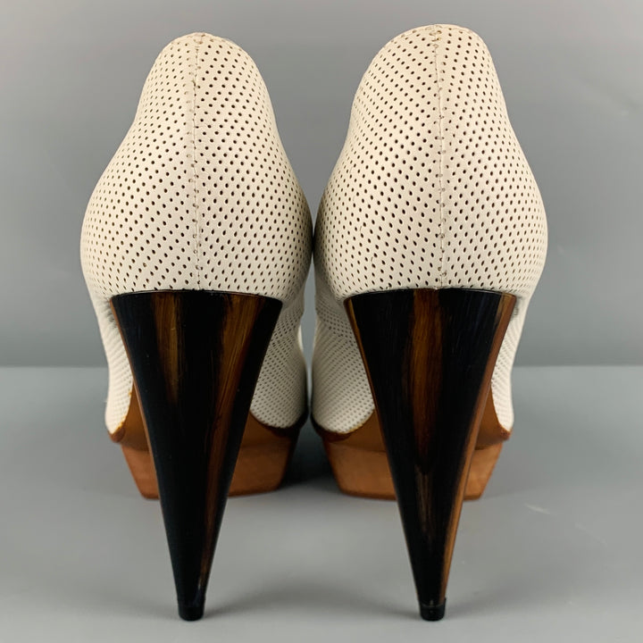 LANVIN Size 11 White Brown Leather Perforated Platform Pumps