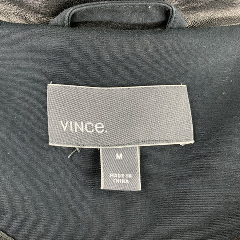 VINCE Chaqueta con cremallera de algodón con ribetes de cuero azul marino talla M