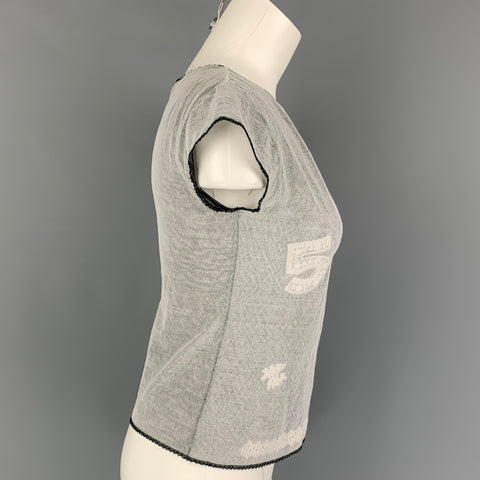 CHANEL Talla 8 Top informal con mangas casquillo bordadas en mezcla de algodón blanco y negro
