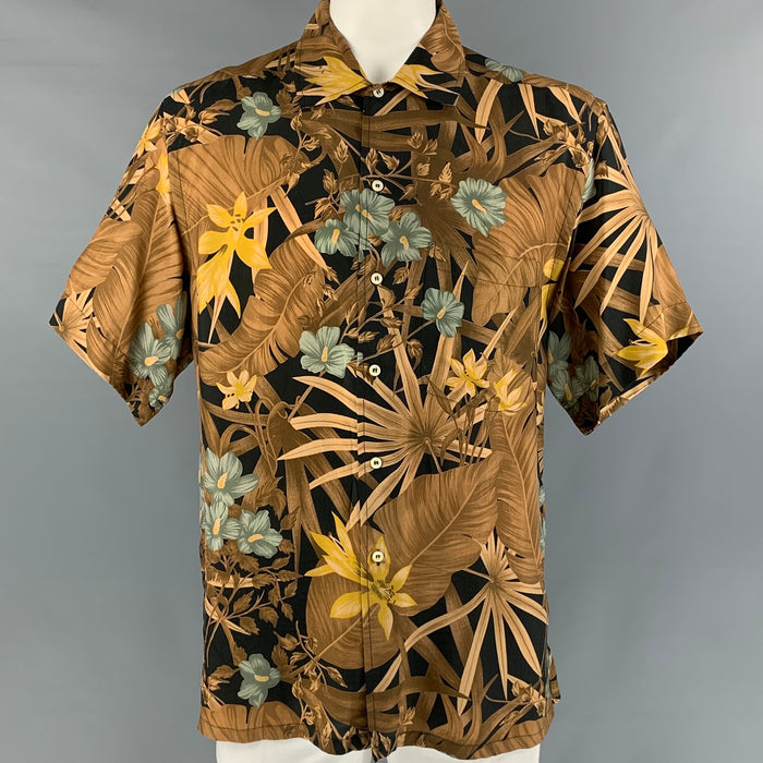 BRIONI Size L Brown & Black Floral Rayon Button Down Short Sleeve Shirt