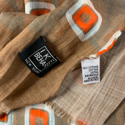IKE BEHAR Brown & Blue Orange Square Print Cotton Scarf