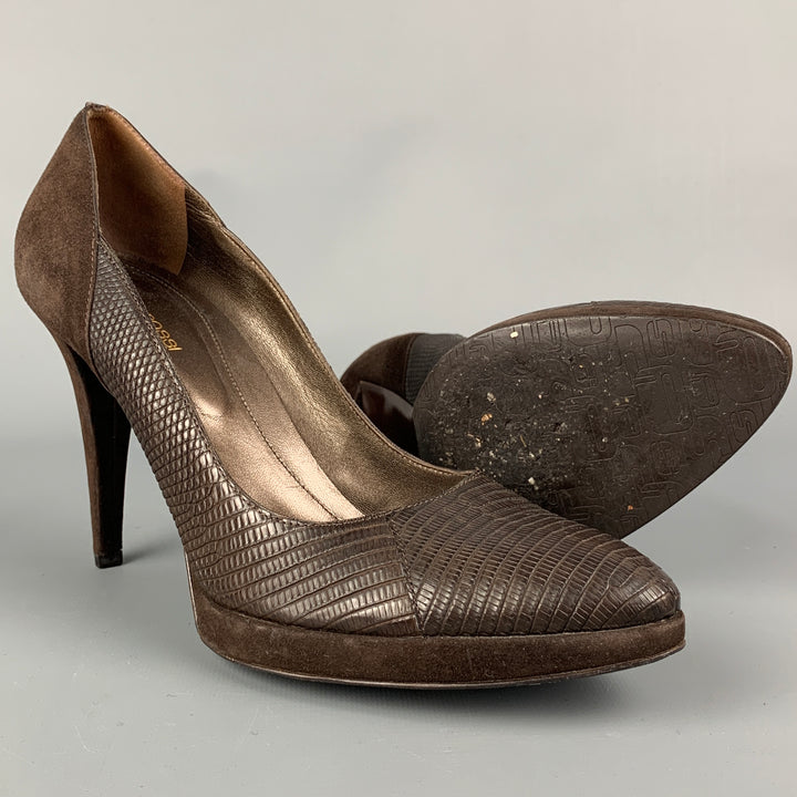 SERGIO ROSSI Size 9.5 Brown Leather Embossed Suede Platform Pumps