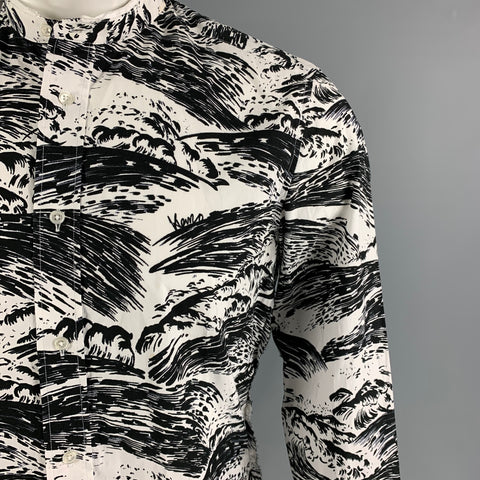 KENZO Size S Black White Print Cotton Nehru Collar Long Sleeve Shirt
