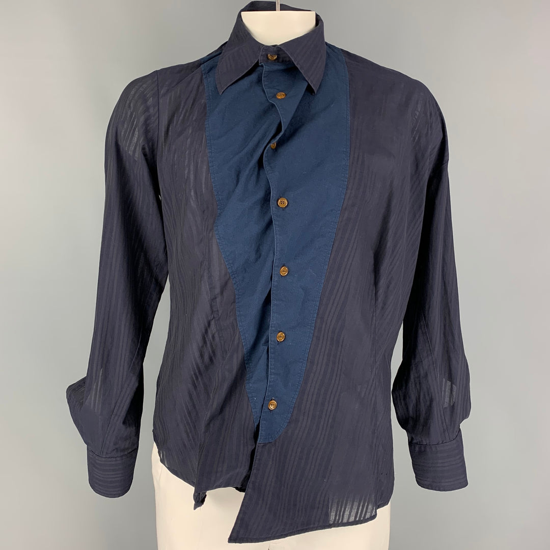 VIVIENNE WESTWOOD MAN Taille L Chemise asymétrique en coton froncé bleu marine et bleu à manches longues