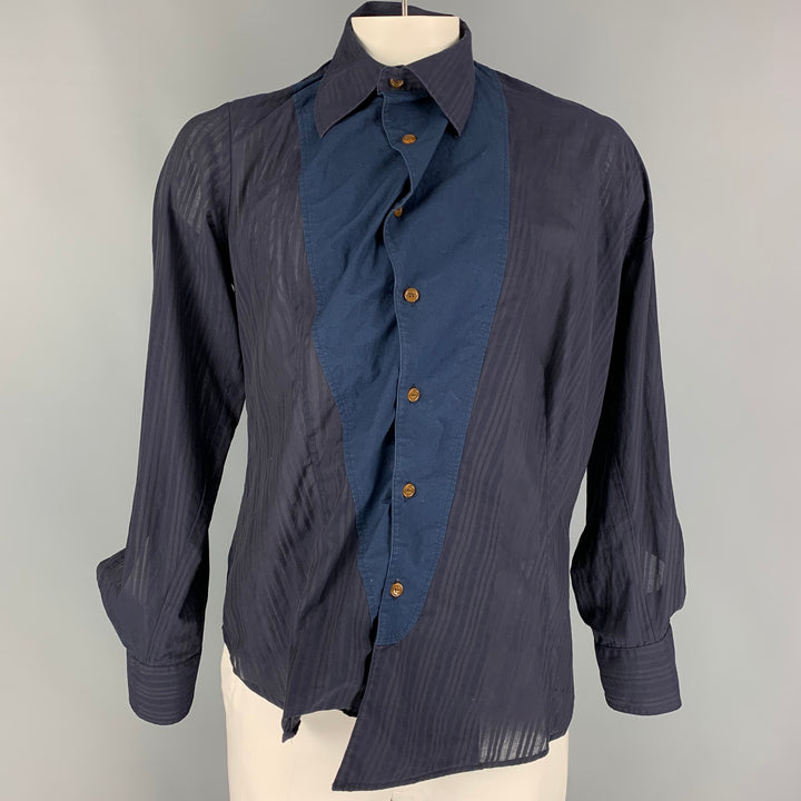 VIVIENNE WESTWOOD MAN Size L Navy & Blue Ruched Cotton Asymmetrical Long Sleeve Shirt