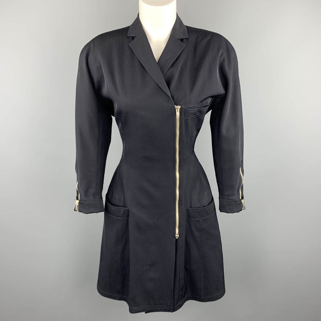 GIANNI VERSACE 1980s Size M Navy Side Zip Long Sleeve Blazer Dress