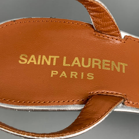 SAINT LAURENT Sandales à bride de cheville en cuir argenté taille 7,5