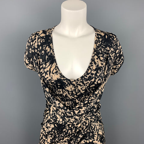 MAX MARA Taille S Blouse à col en V imprimé beige et noir