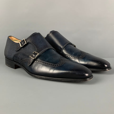 MAGNANNI Size 11 Dark Navy Textured Leather Double Monk Strap Loafers