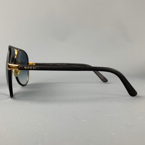 GUCCI Black Leather Gold Tone Aviator Sunglasses