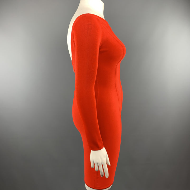 Vintage HERVE LEGER Size M Coral Red Open Back Long Sleeve Bandage Dress