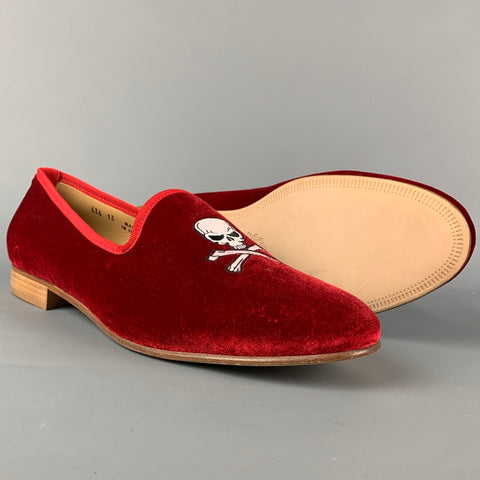 DEL TORO Size 13 Red Embroidery Velvet Slippers Loafers