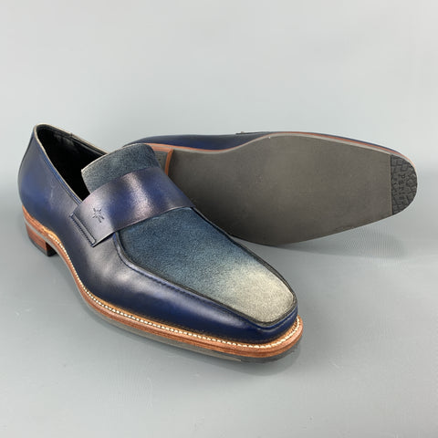 CORTHAY Talla 10.5 Mocasines sin cordones de cuero azul degradado