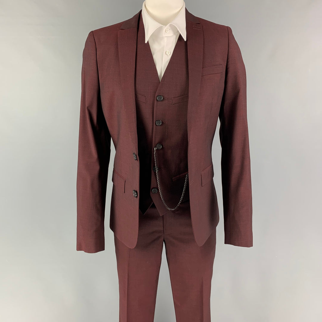 THE KOOPLES Size 34 Burgundy Wool Blend Notch Lapel 3 Piece Suit
