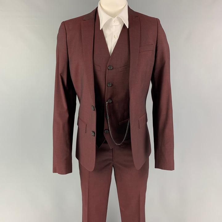 THE KOOPLES Size 34 Burgundy Wool Blend Notch Lapel 3 Piece Suit