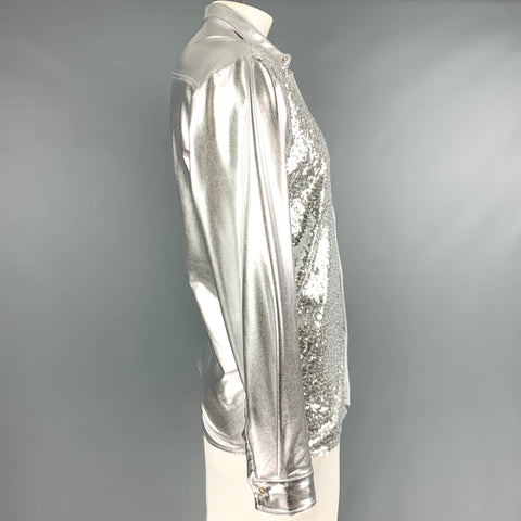 NO BRAND Size XL Silver Sequined Polyester Blend Button Up Long Sleeve Shirt