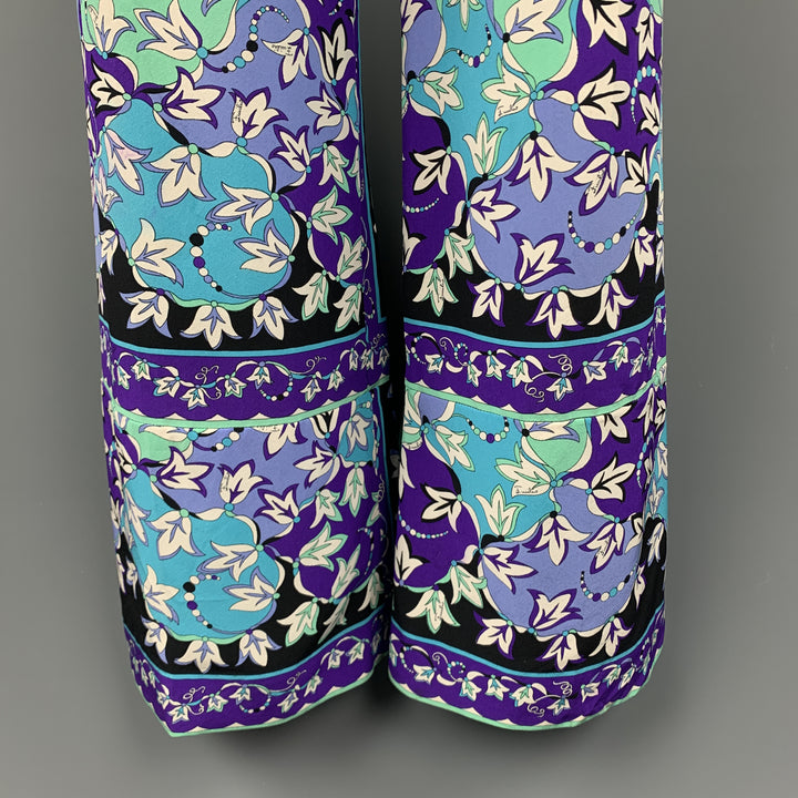 EMILIO PUCCI Vintage Size 12 Blue Floral Silk Wide Leg Pants