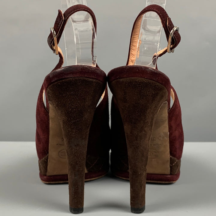 CHANEL Size 7.5 Burgundy Brown Suede Slingback Pumps