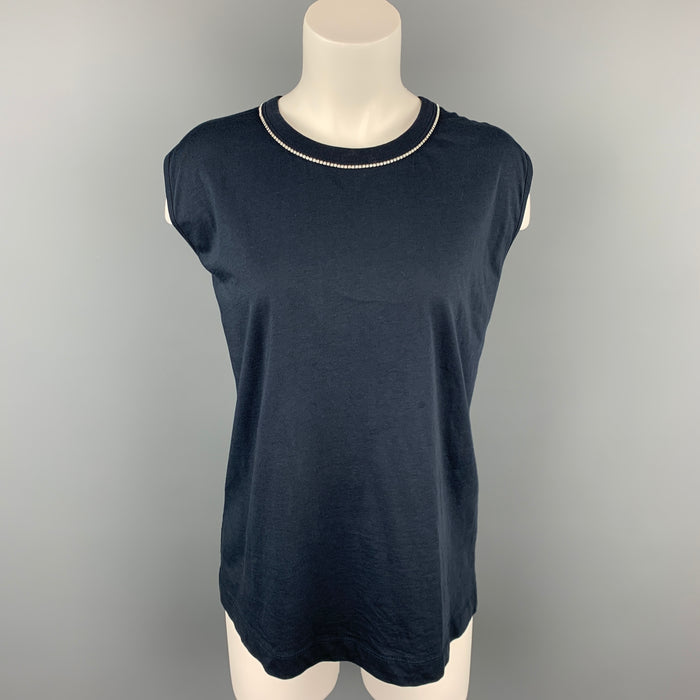 DRIES VAN NOTEN Size L Navy Jersey Cotton Rhinestone T-Shirt