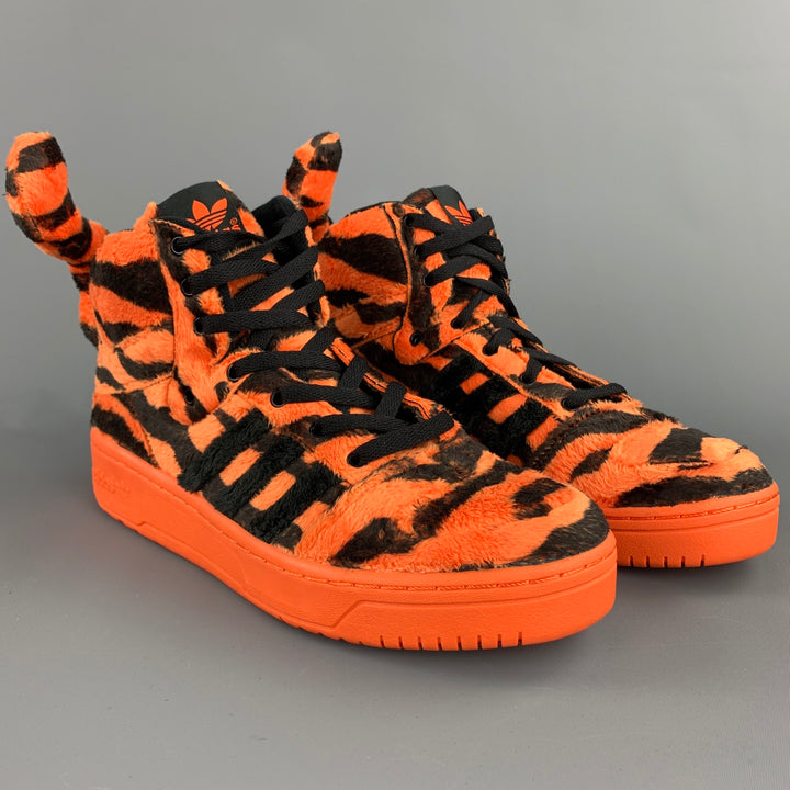 JEREMY SCOTT x ADIDAS Size 9 Orange & Black Tiger Print High Top Sneakers