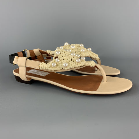 LANVIN Size 10 Beige Leather Faux Pearl Crochet Thong Sandals