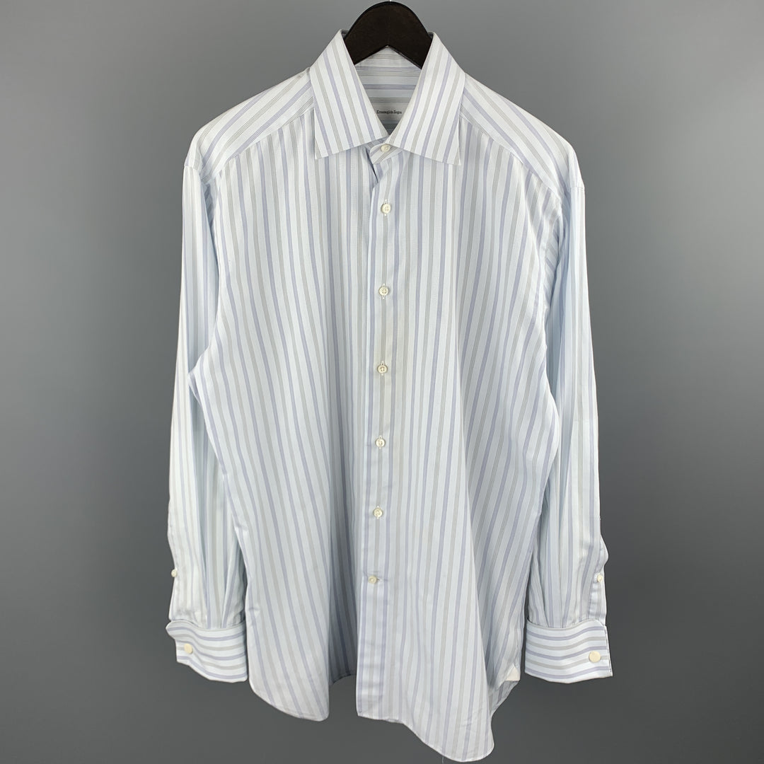 ERMENEGILDO ZEGNA Size M Light Grey Stripe Cotton French Cuff Long Sleeve Shirt
