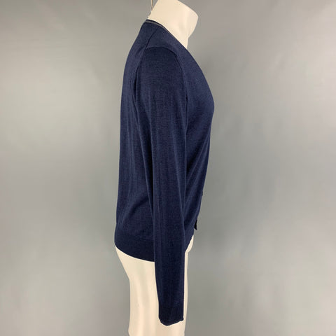 ETRO Size M Navy Grey Contrast Trim Wool Silk V-Neck Cardigan