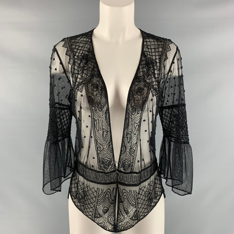 RALPH LAUREN Talla 6 Blusa de mangas 3/4 de malla de nailon negra