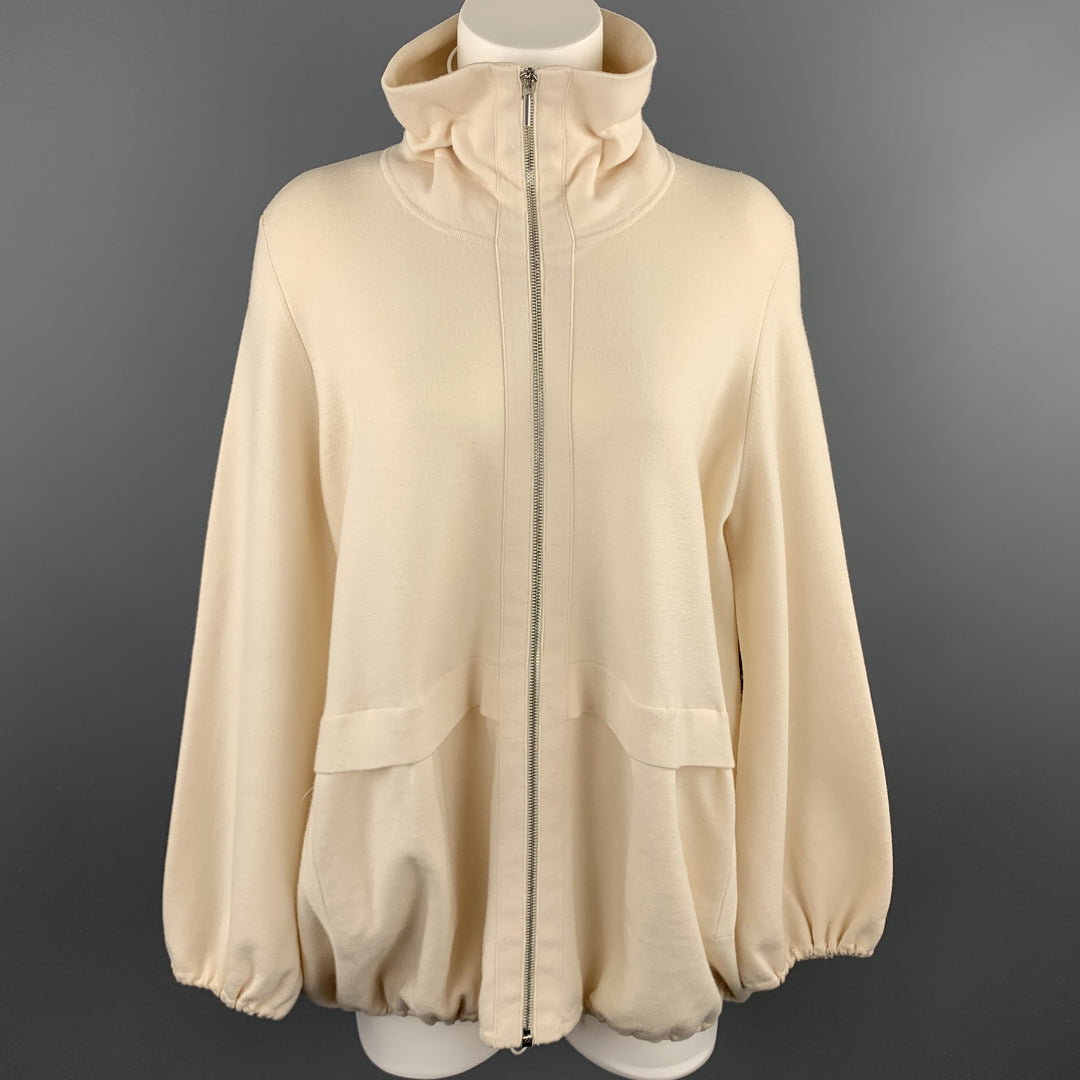 AKRIS Size 14 Cream Wool Blend Jacket High Neck Sweater Jacket