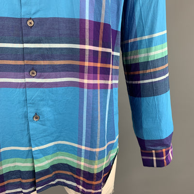 PAUL SMITH Size XL Plaid Aqua Cotton Button Up Pointed Collar Long Sleeve Shirt