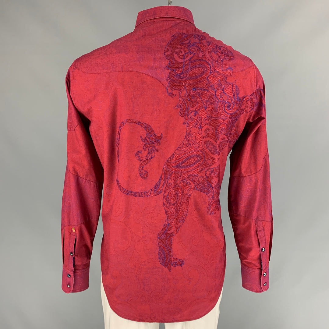 ROBERT GRAHAM Size XL Burgundy Embroidery Cotton Button Up Long Sleeve Shirt
