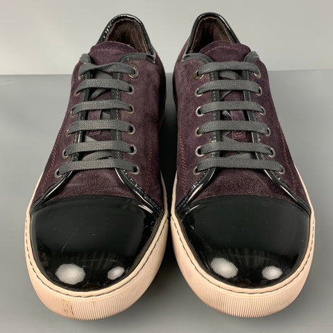LANVIN Size 10 Eggplant Black White Color Block Suede Cap Toe Sneakers