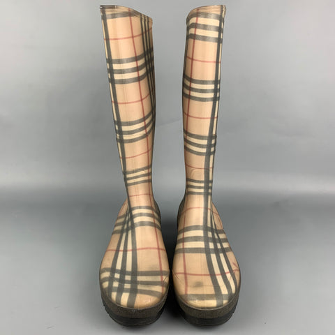 BURBERRY Size 10  Beige & Black Plaid Rubber Boots