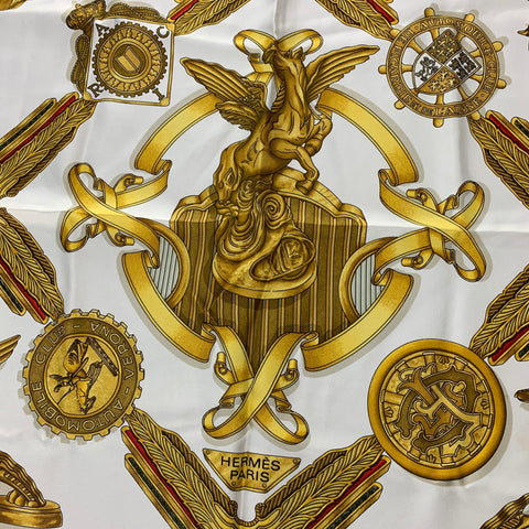HERMES Gold White Blue Silk Twill Scarf