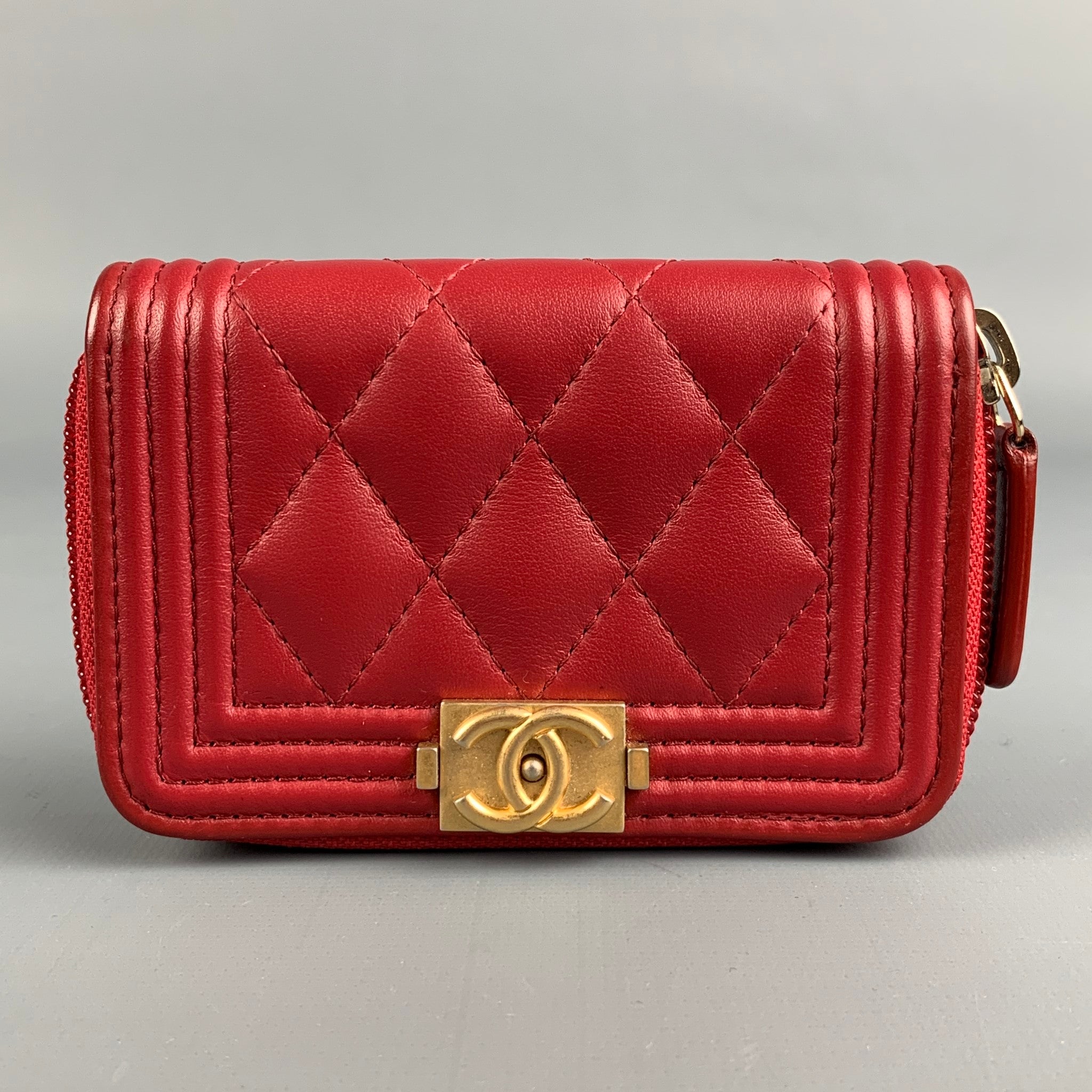 CHANEL Red Caviar Quilted Leather Zip Around Coin Purse Wallet