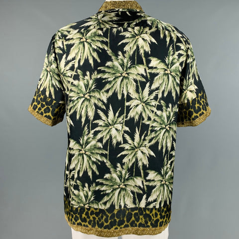 DRIES VAN NOTEN Size XL Black Green Print Viscose Camp Short Sleeve Shirt
